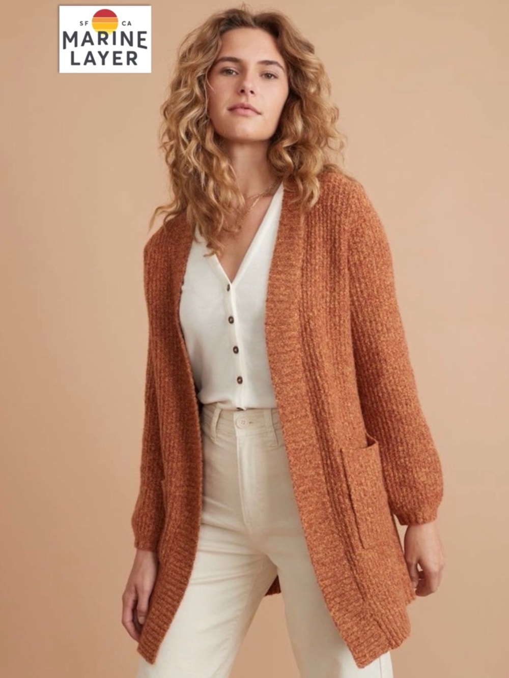 Marine Layer Ontario Cardigan Rust Orange S Cozy Open Front Cotton Blend Sweater - Picture 2 of 15
